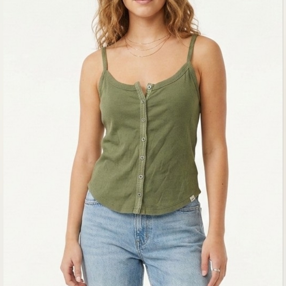 Pilcro Ribbed Button-Front Tank Top | Olive Green | Size S